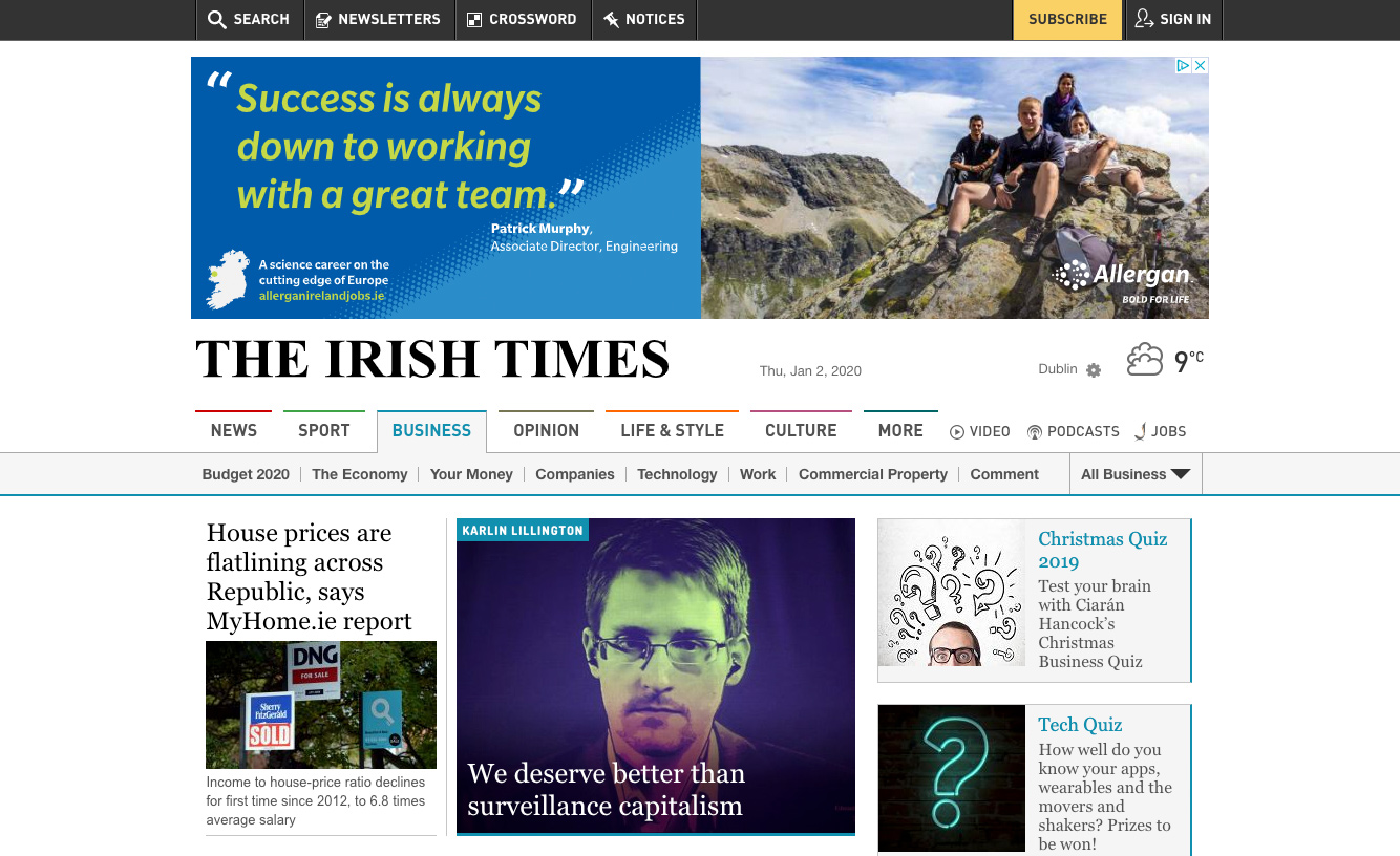 Ad insitu on the frontpage of the Irish Times